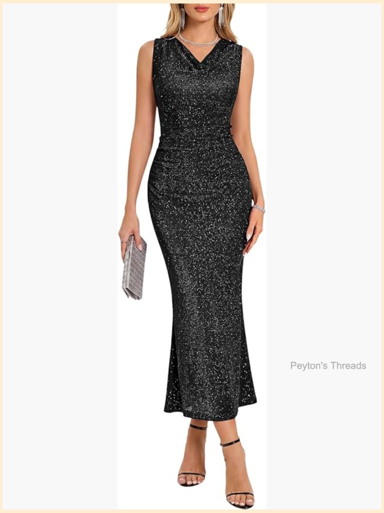 Sparkly Cowl Neck Cocktail Dress Sleeveless Bodycon Midi Wedding Guest